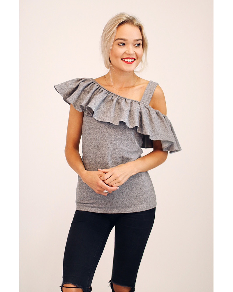 GREY ASYMMETRIC FRILL TOP