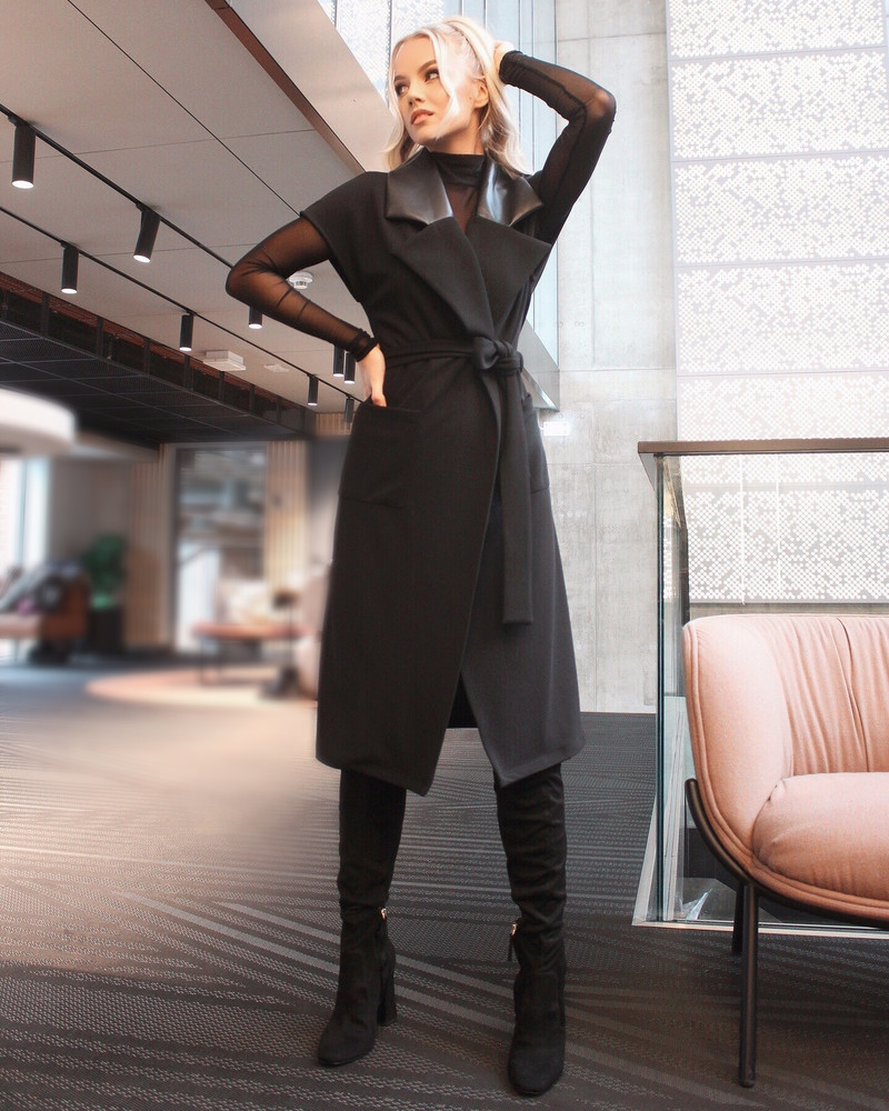 LEATHER COLLAR WRAP MIDI DRESS BLACK