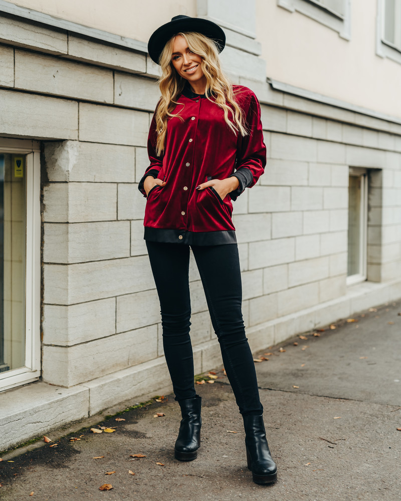UNISEX BORDEAUX VELVET BOMBER JACKET