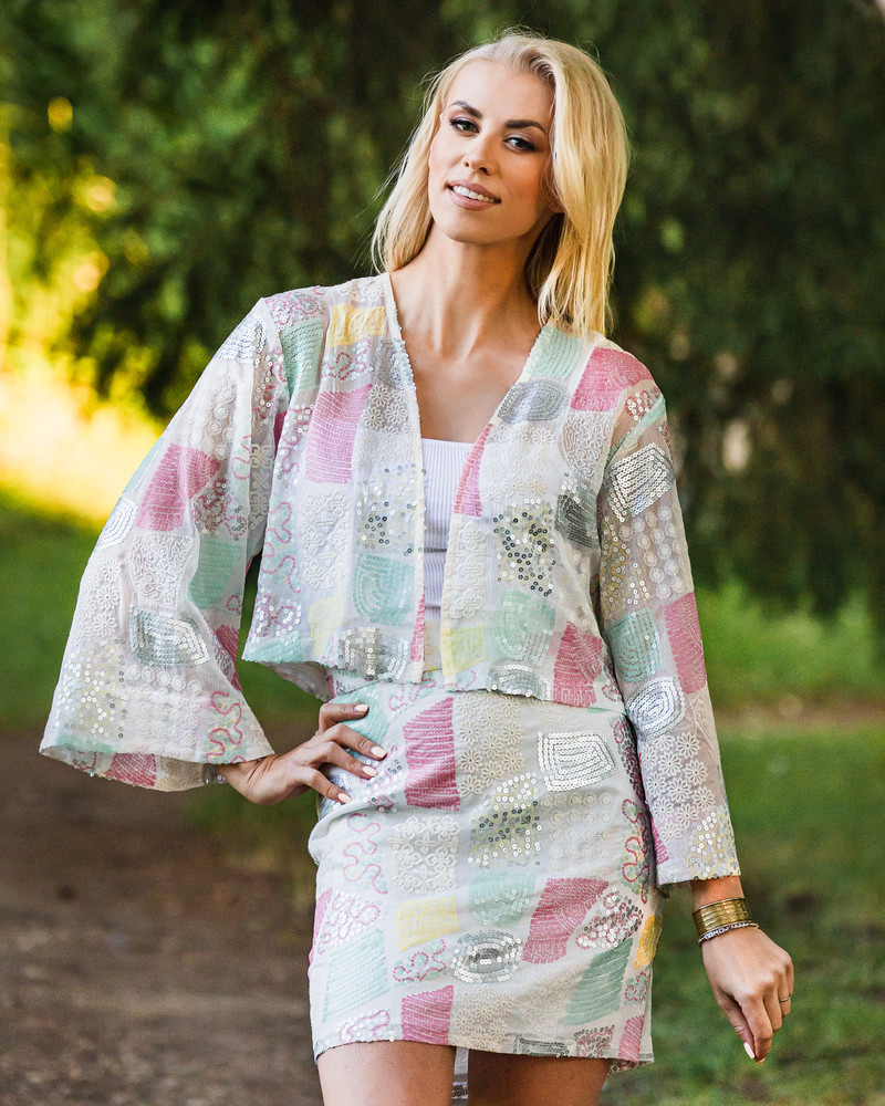 COLOR SEQUIN KIMONO JACKET WHITE