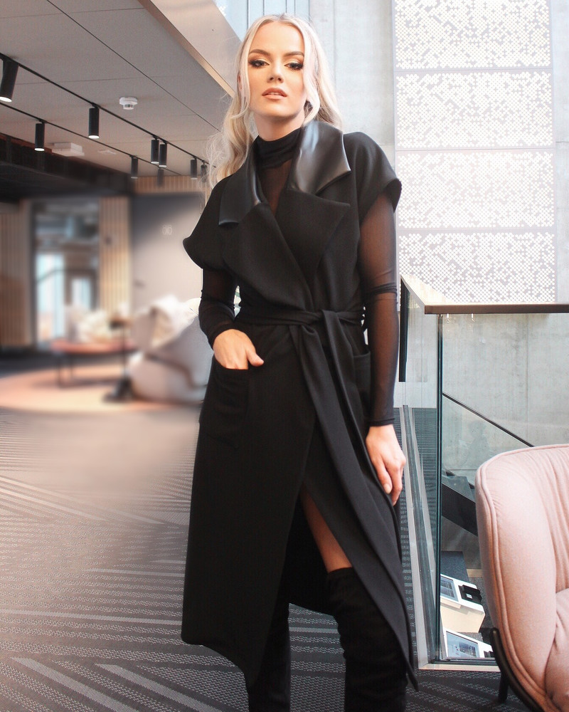LEATHER COLLAR WRAP MIDI DRESS BLACK