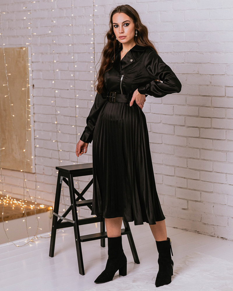 BIKER PLEATED MIDI DRESS BLACK