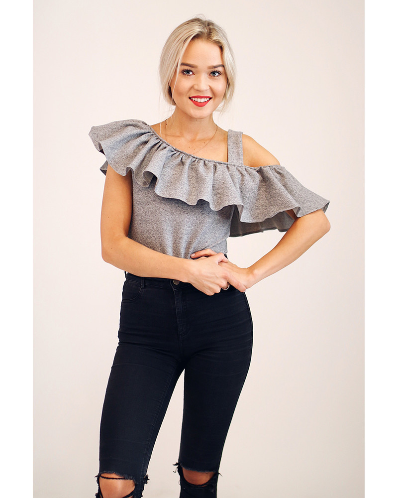 GREY ASYMMETRIC FRILL TOP