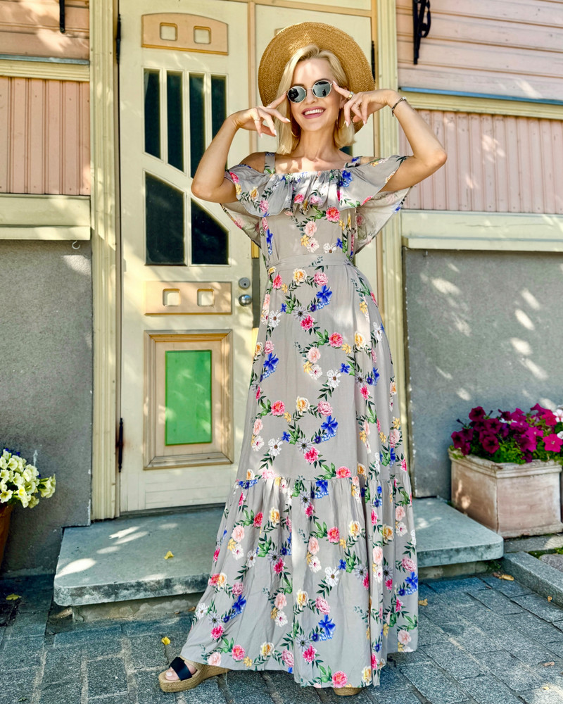FANTASY FLOWER MAXI DRESS LIGHT GREY