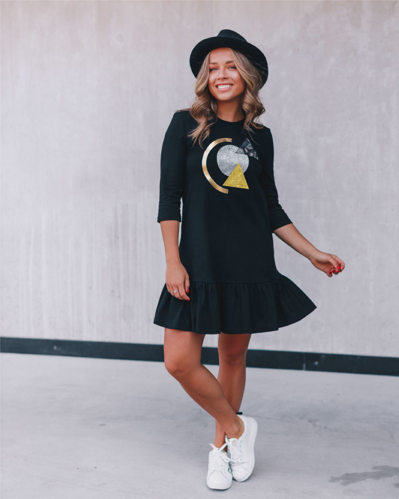 SPRCLE GOLD ABSTRACT FRILL DRESS BLACK