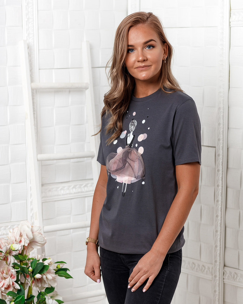 MESH PINK GIRL SLIM T-SHIRT DARK GREY