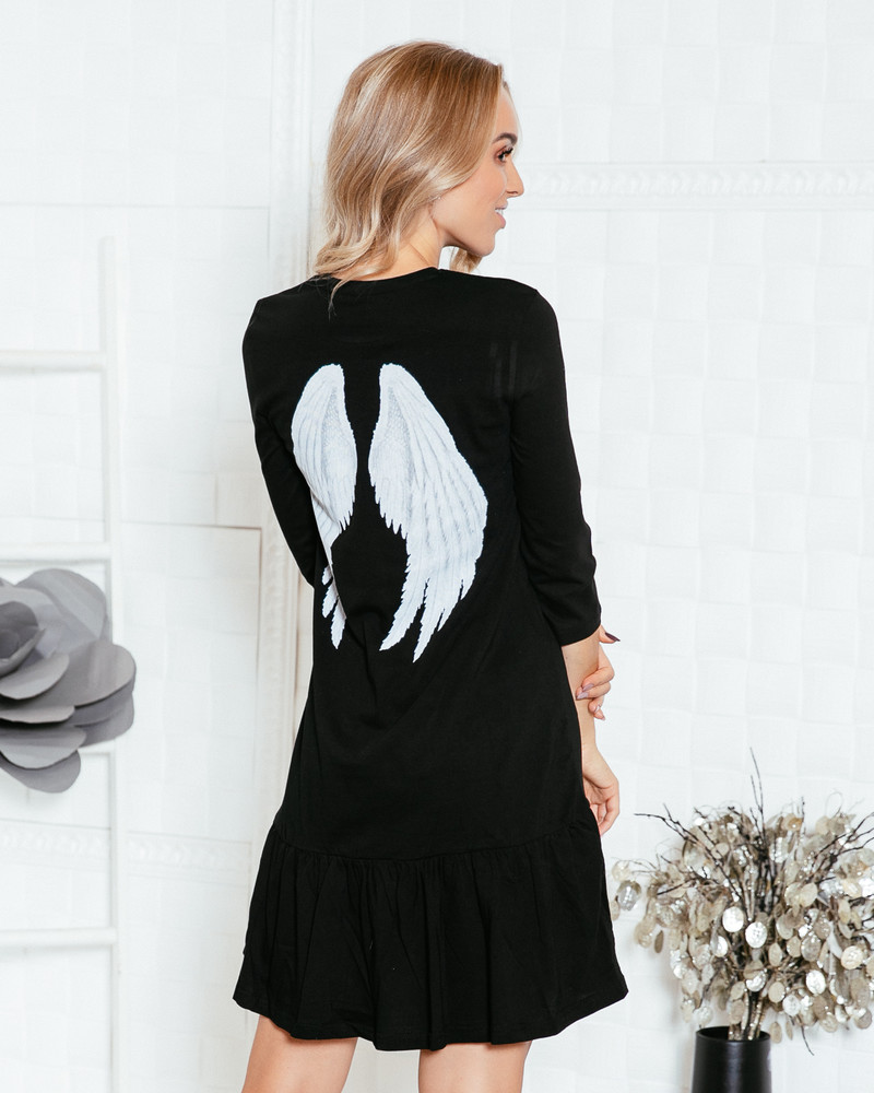 ANGEL PRINT FRILL DRESS BLACK