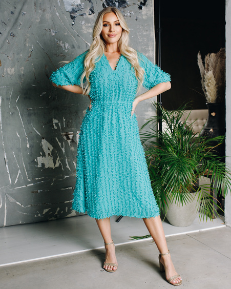 FRINGE PUFF SLEEVES MIDI DRESS MINT