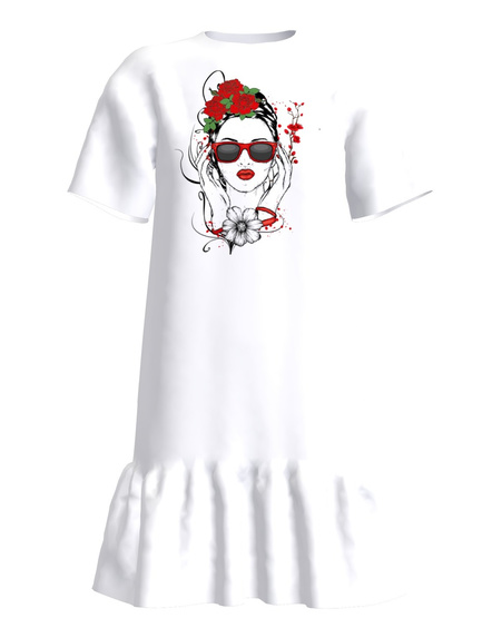 FLOWER DOLL Frill Dress White SL Print
