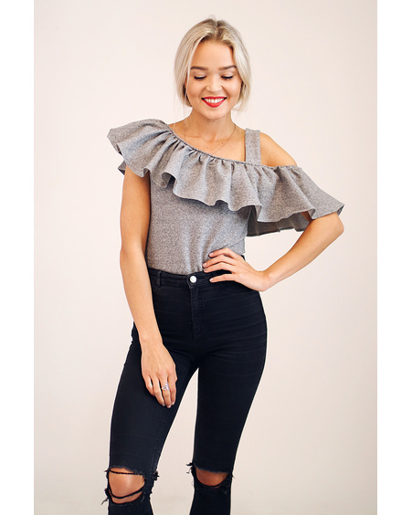 GREY ASYMMETRIC FRILL TOP