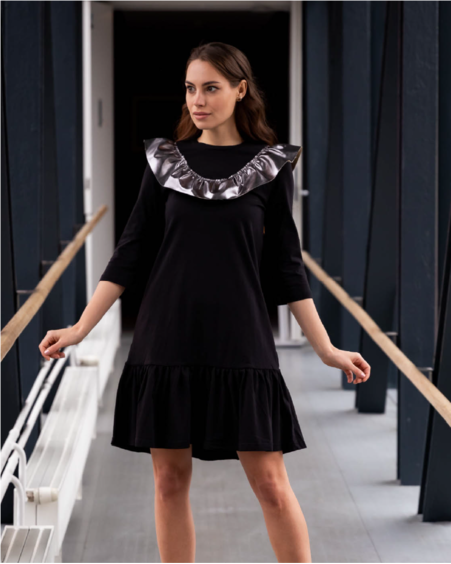 METALLIC LEATHER FRILL DRESS BLACK