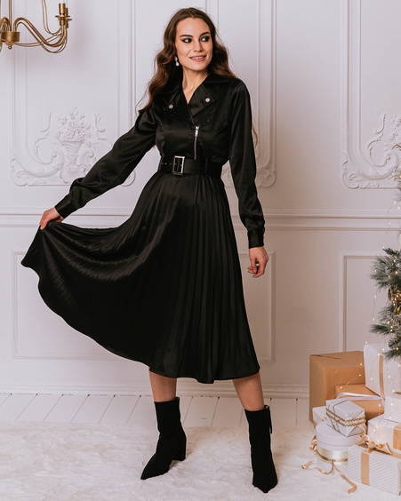 BIKER PLEATED MIDI DRESS BLACK