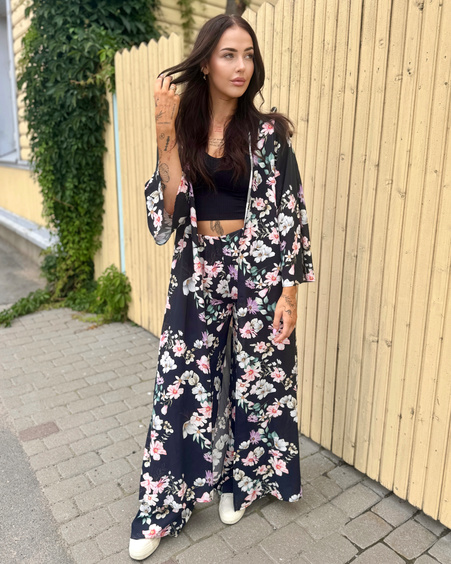 SUMMER FLOWER FLYAWAY KIMONO BLACK