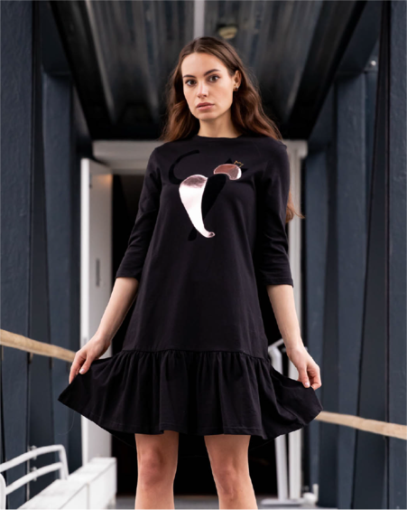 METALLIC QUEEN HEARTCAT FRILL DRESS BLACK