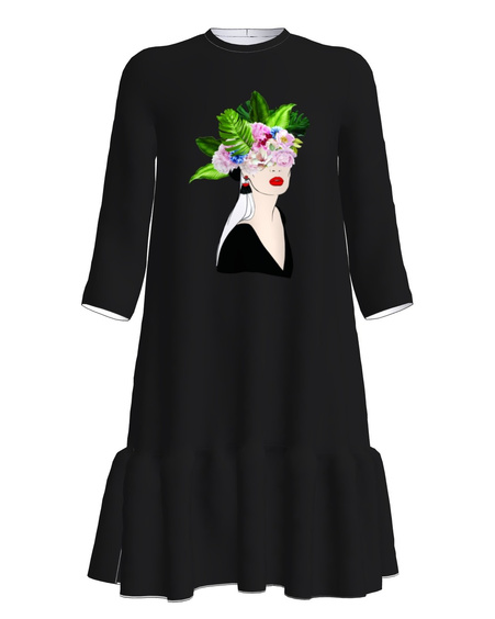 FLORAL HEAD FRILL DRESS BLACK