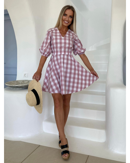 CHEQUERED PUFF CIRCLE DRESS MAUVE