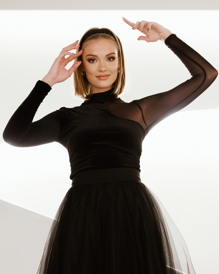 VELVET MESH CURVED PULLOVER BLACK