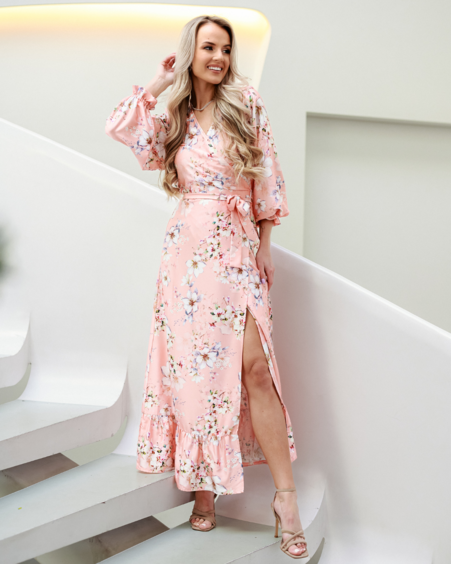 WRAP LONG DRESS SILKY FLOWER PEACHY