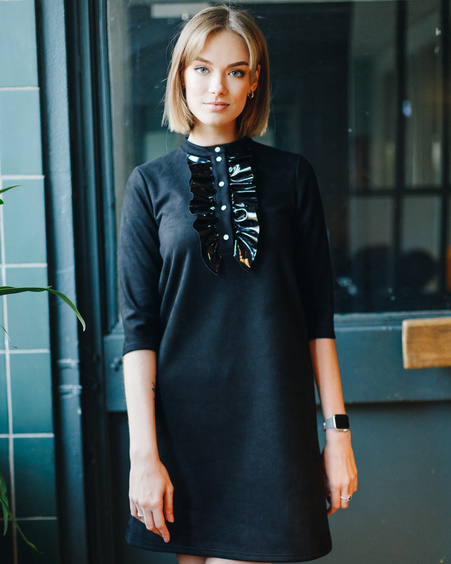 LATEX FRILL LINE DRESS SUEDE BLACK